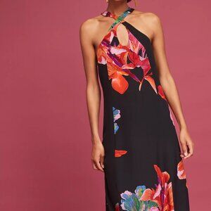 Maeve Anthropologie Cayman Silk Maxi Dress in black with a floral pattern
